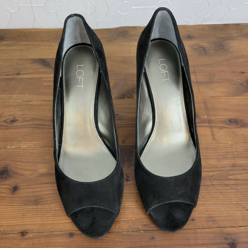 Loft Womens Shoes Size 8M Black Leather Slip-On Peep Toes Velvet Wedge Heels